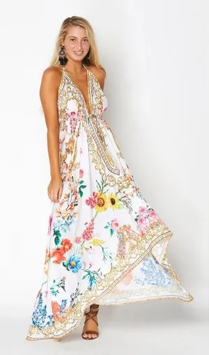 Renee’s White Floral V Neck Embellished Halter Satin Maxi Dress One Size thumbnail 1