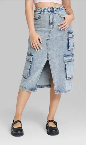 Women's Wild Fable Denim Midi Cargo Skirt Medium‎ Denim Wash Size XXS thumbnail 1