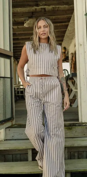 Tribe Kelley GRAYTon Tank Wide Leg Pant Summer Set Mocha Stripe cotton W XL thumbnail 1