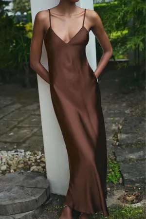 Zara Satin Slip Maxi Dress in Deep Brown Evening Wedding Party thumbnail 11