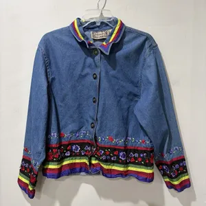 Tantrums Blue Denim Floral Embroidered Button‎ Up Jean Jacket Women's Medium VTG thumbnail 3