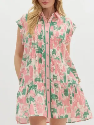 Entro Women’s Pink & Green Splatter Dream Dress Printed Button‑Front Dress thumbnail 1