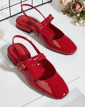 Red patent faux leather square toe double strap buckle strappy flats thumbnail 1