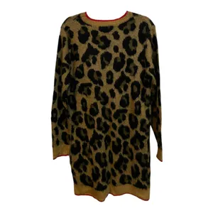 Lily White Women's Sweater Dress Tan Black Leopard Print Red Trim - Size Large thumbnail 2