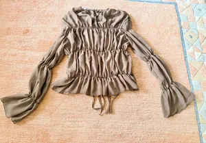 Zara Ruched Sheer Blouse Brown Ruffle Tie Front Long Sleeve Romantic Top NWT M thumbnail 7