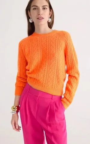NWT J.Crew Cashmere Cropped Cable-knit Crewneck Sweater in Neon Orange S thumbnail 1