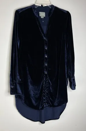 NWOT Anthropologie Maeve Navy Blue Velvet Tunic Blouse US 4 Button Front Top thumbnail 1