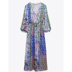 Zara Patchwork Print Maxi Dress‎ Multicolored V-Neck Boho Slit Size M thumbnail 5