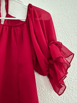 red ruffled ruched flowy salsa emoji asymmetrical dress thumbnail 7