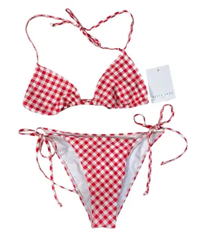 Betty Jade Large Triangle String Bikini Swim Top Bottoms Plaid Tie Straps Lined thumbnail 1