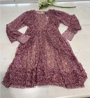 OPT XS Purple Floral Print Ruffle‎ Long Sleeve Mini Dress Bohemian thumbnail 1