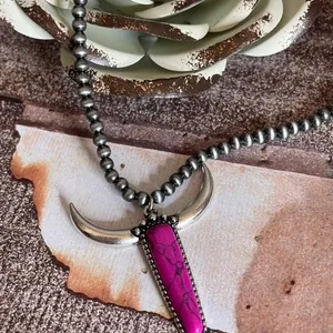 New Pink and Silver Longhorn Pendant on 18” Beaded Navajo Style Chain thumbnail 3