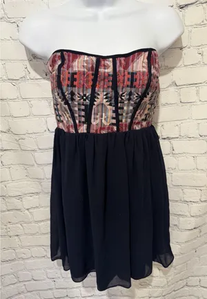 Ya Los Angeles Strapless Boho Mini Dress Silk Blend Navy Aztec Tapestry Print S thumbnail 1
