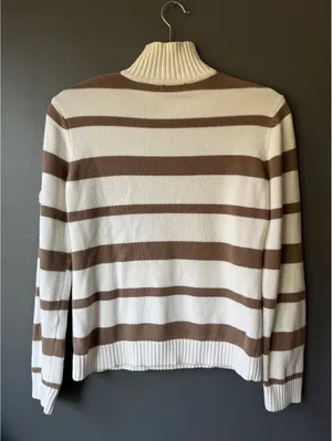Liz & Co. Brown and White Striped Cotton Half-Zip Sweater, Size M thumbnail 2