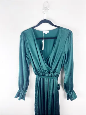 BALTIC BORN Katya Emerald Green Satin Faux Wrap V-Neck Maxi Dress Size Medium thumbnail 7
