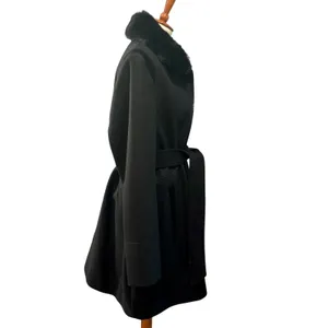 Faux Fur Collar Black Trench Coat Coquette Dark Academia Old Money Wool Blend XL thumbnail 3