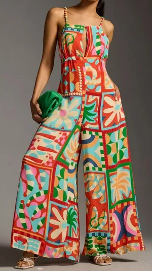 Farm Rio Anthropologie Cutout Halter Jumpsuit Med Brazilian Tropical Bold Print thumbnail 1