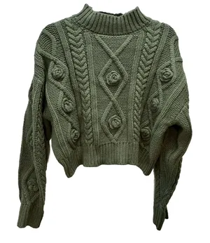 Cableknit Mockneck Sweater Size Medium Green Heavy 3D Flowers Cropped Forever 21 thumbnail 1