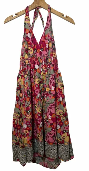 No Boundaries Pink Floral Boho Cotton Halter Midi Dress with Multicolor Print thumbnail 1