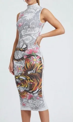 Ed Hardy Tattoo Tiger Mesh Maxi Dress Y2K Grunge Cyber Mock Neck Bodycon Size S thumbnail 1
