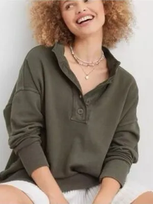 aerie Vintage Popover Olive Green Notch-Henley Pullover Sweatshirt Size XS thumbnail 1