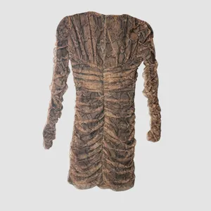 Zara Womens XS Brown Snakeskin Ruched Mesh V-Neck Mini Bodycon Dress NWT thumbnail 2