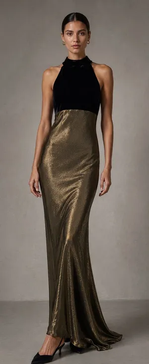 Vintage Roberta 90s Gold Lamé Bias Cut Velvet Halter Maxi Gown 9/10 thumbnail 1