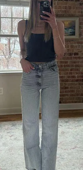 ZARA Gray Straight Leg Raw Hem Jeans thumbnail 1