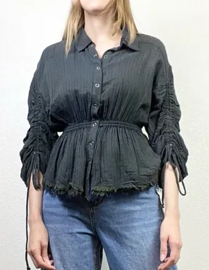 Free People Pacific Dawn Dark Grey Distressed Fitted Waist Scrunched Sleeve Top thumbnail 1