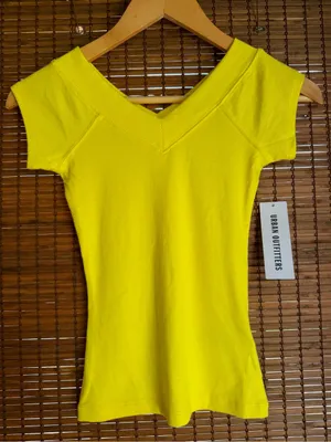 BDG Neon Yellow Ribbed V-Neck Cap Sleeve Top NWT S thumbnail 3