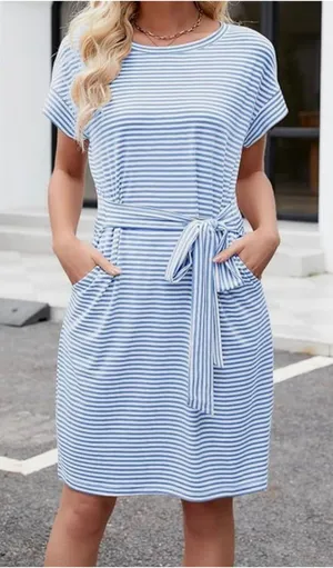 Merokeety Striped T Shirt Dress Blue/White Size L thumbnail 1