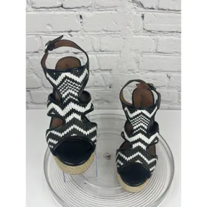 Lucky Brand‎ Black White Chevron Woven Platform Rope Wedge Sandals Sz 7 Peep Toe thumbnail 3