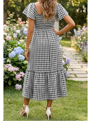 NEW Plaid Cotton 100% Cotton Smocked Square Neck Midi Lined Dress XL thumbnail 2