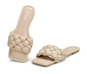 NEW Braided Sandals Square Open Toe Slide Shoe 11 Tan thumbnail 1