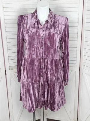 Cato Crushed Velvet Tiered‎ Babydoll Shirt Dress Mauve Purple XL Boho Cottage thumbnail 2