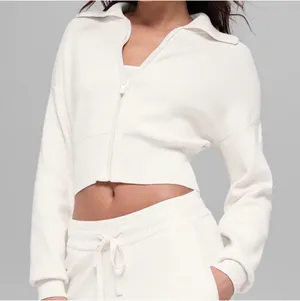 Alo Yoga Scholar Knit Cropped Full Zip Jacket Ivory XS thumbnail 1