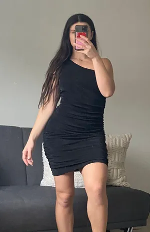 Black ruched one shoulder mini dress thumbnail 1