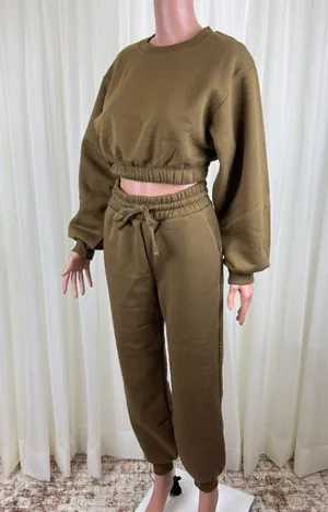 Zenana 2 Pcs Crop Top Tracksuit Jogger Pants Set Outfit Workout Active Lounge Olive Green Size Large thumbnail 4