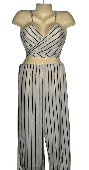 SHEIN White & Black Striped Two-Piece Wide-Leg Jumpsuit Set thumbnail 1