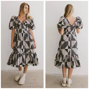 Bohme Brielle Patchwork Midi Dress Size Medium Puff Sleeve Check Plaid Boho thumbnail 14
