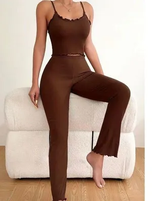 Solid Ribbed Pajama Set, Lettuce Trim Cami Top & Elastic Waistband Pants thumbnail 1