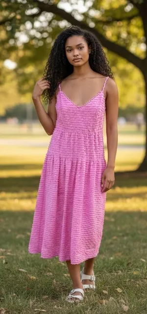 LOST‎ + WANDER Pink Paloma Maxi Dress M Spaghetti Strap Tiered Textured Crinkle thumbnail 1