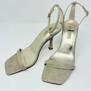 Nine West Shiny Ankle Strap Sandals Heels Silver Glitter Women’s Size 7.5 M thumbnail 1