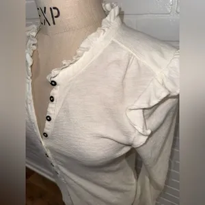 Anthropologie Pilcro Cream Ruffle-Shoulder Henley Long-Sleeve Top thumbnail 6