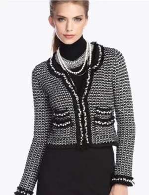 White House Black Market black and white tweed jacket with faux pearl trim‎ thumbnail 1