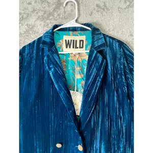 WILD Teal Velvet Blazer Jacket Double Breasted Boho Luxe Statement Eclectic S/M thumbnail 2