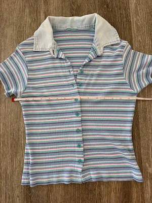 Vintage Y2K striped button front collared shirt sleeve top blue pink small thumbnail 9