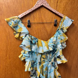 MISA Los Angeles Alessandra Sleeveless Ruffle Midi Dress Blue Yellow Medium thumbnail 5