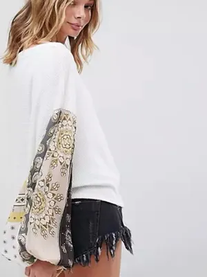 Free People We The Free Blossom Thermal Top Small Boho Patchwork Balloon Sleeve thumbnail 4