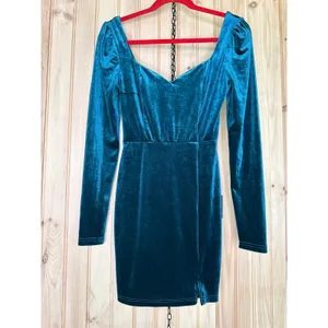 NWT Lulus Fabulous Mood Dark Teal Velvet Long Sleeve Bodycon Mini Dress Party XS thumbnail 2